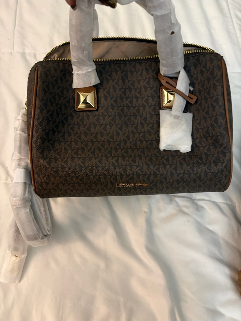 Michael Kors Brown Monogram Satchel and Lace-Up Heeled Boots - Picture 9 of 12